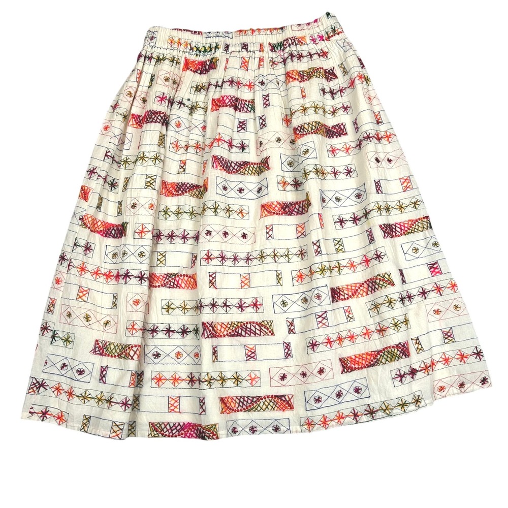 dRA Los Angeles Embroidered Midi Skirt White Cotton Multi Color Boho Cottage M